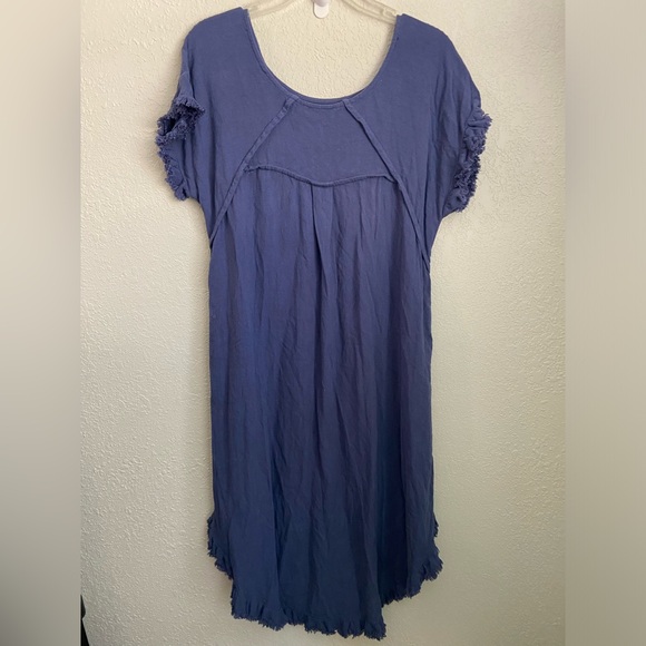 NWOT, Umgee Linen Blend Round Neck Navy Dress w Pockets Fringed Assymetrical Hem - Picture 6 of 13